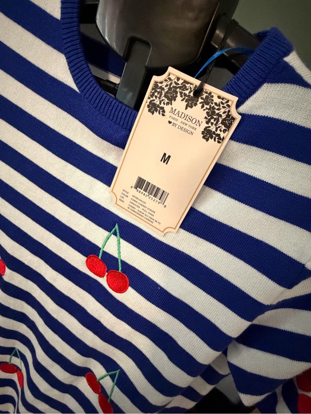 NWT Madison By Design Blue White Striped Cherry Embroidered Knit Sweater Top M - Picture 4 of 4